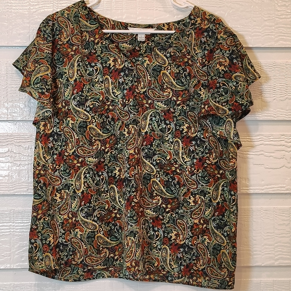 Counterparts Blouse Women's Size LG Paisley Print Flutter Sleeve Boho Career
